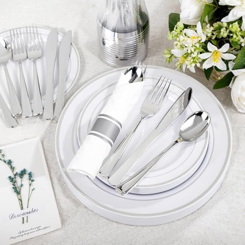WELLIFE 350-Piece Silver Plastic Dinnerware Set - Disposable 10.25" Dinner Plates, 7.5" Dessert Plates, 9oz Silver Rim Cups & Cutlery for Weddings - 50 Guest Service - Elegant Disposable Silverware - Image 5