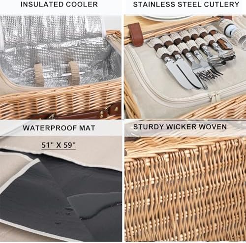 Multifunctional Wicker Picnic Basket Set for 4 with Blanket and Picnic Table, Insulated Picnic Set with Full Tablewares for Camping Outdoor Couples,Natural - Image 4