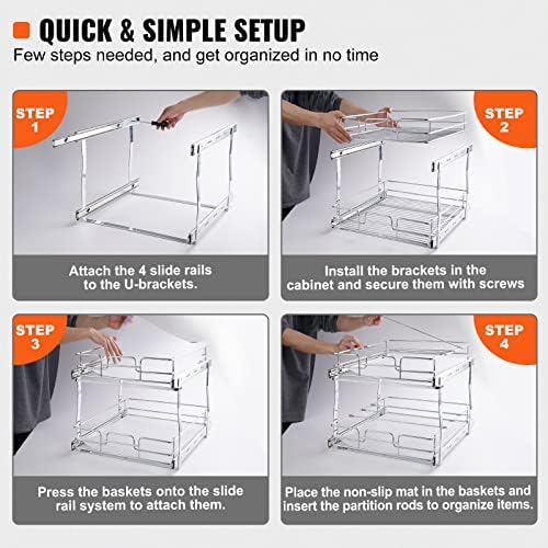 VEVOR Pull Out Cabinet Organizer, 14" Wx21.2 Dx15.2 H Heavy 2 Tier Duty Slide Out Pantry Shelves, Chrome-Plated Steel Roll Out Drawer for Under Sink, 15.5" Wx22.5 Dx19 H Install Size for Cabinet - Image 5
