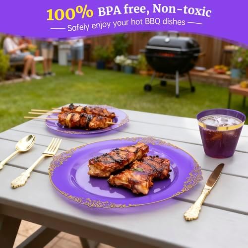 AIRE Purple Gold Plastic Plates Set, 350PCS Disposable Dinnerware for 50 - Image 4