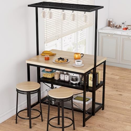GarveeHome Kitchen Island with Storage, 42''Island Table for Kitchen, Bakers Rack Microwave Oven Stand Shelf with 3 Tier Storage Shelf for Dining Room Living Room, 5 Hooks 42"*28"*72", Natural - Image 3