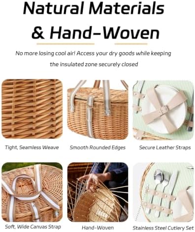 Picnic Basket for 4, Extra Large Wicker Set, 8.4 Gal, Natural - Image 6