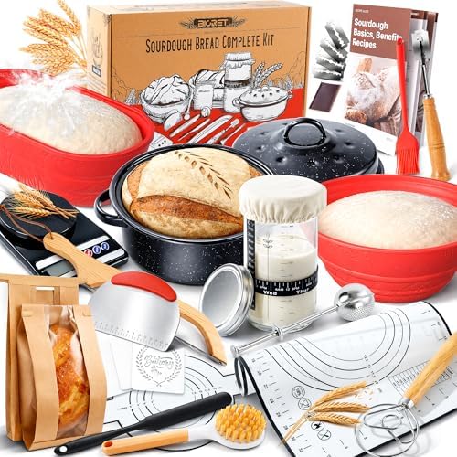 Sourdough Starter Kit for Beginners, 34 oz Starter Jar with Scale Marking, 2 Silicone Proofing Baskets, Complete Bread Baking Kit with Guide & Recipes, Easy to Use & Clean - Red by BICRET