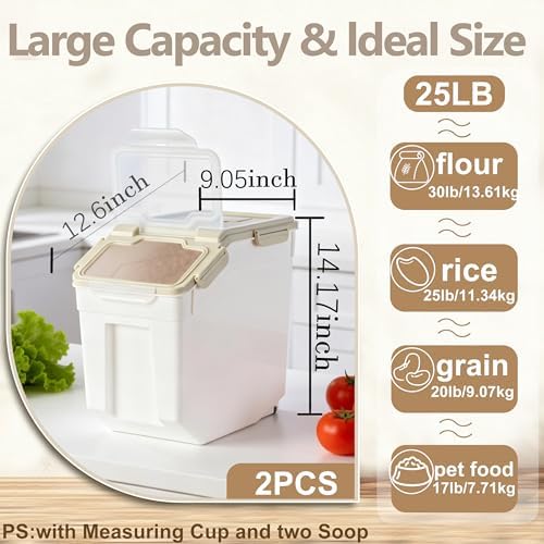 RUIAN 2Pcs Large Flour Storage Container Bin 25Lb Airtight Rice Storage Containers with Wheels Seal Locking Lid, BPA Free with Measuring Cup&Scoop for Flour, Rice, Grain (Gray) - Image 2