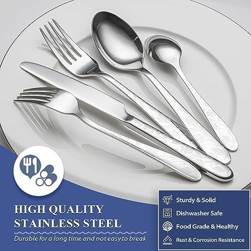 40 Piece Silverware Set Service for 8, EIUBUIE Premium Stainless Steel Cutlery Set, Mirror Polished Flatware Sets with Pattern Handle, Modern Kitchen Eating Utensils Sets Include Spoons Forks Knives - Image 3