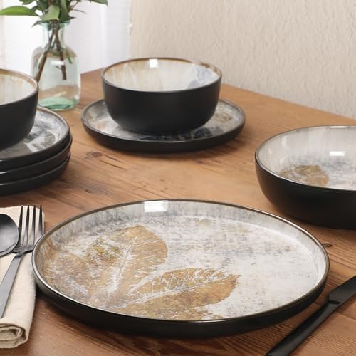 Gibson Elite Chantilly Hill 16-Piece Ceramic Dinnerware Set, Round Plates & Bowls, Multicolor Leaf Design, Microwave & Dishwasher Safe, Service for 4 - Image 6