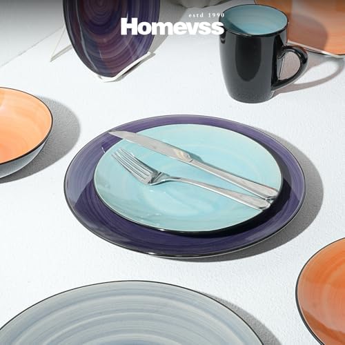 HomeVss, Stoneware Sonoma 16pc Dinnerware Set, Black + Speckled Spin Wash Mix Colors Grey, Orange, Purple, Turquoise - Image 6