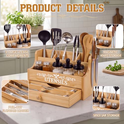 Wooden Kitchen Utensil Holder with Magnetic Knife Block, Natural - Image 3