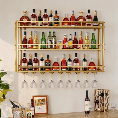 71 Inch Metal Wine Rack Wall Mounted, Bar Shelves for Liquor Bottles with LED Light, 3 Tier Large Capacity Liquor Rack Wall Mounted with Glass Holder for Home Bar & Dining Room, Gold by HFTUW