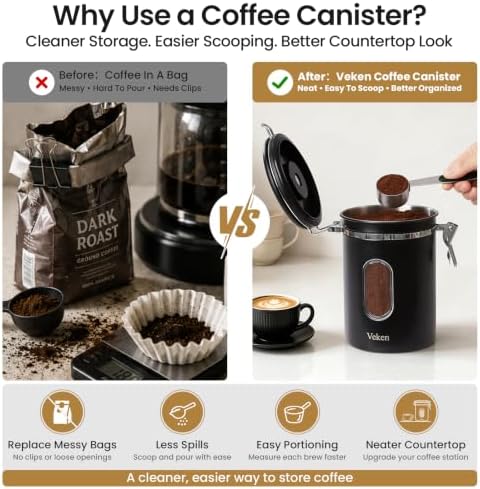 Veken Coffee Canister with Window, Airtight Stainless Steel Container, 22OZ (Pack of 2) - Image 5