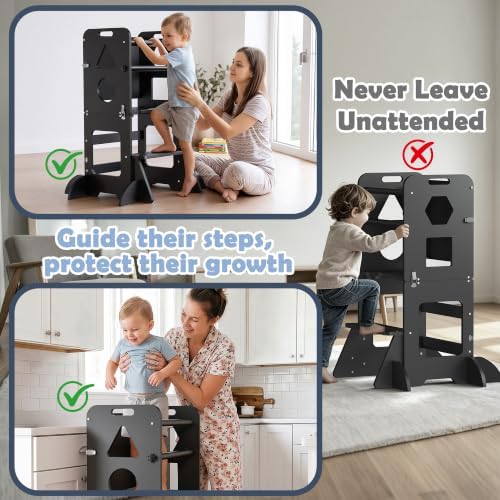 Toddler Standing Tower Anti-Tip Wooden Kitchen Step Stool，Black - Image 5