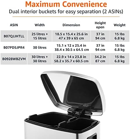 Amazon Basics Dual Compartment Recycling Trash Can with Soft-Close Lid, Fingerprint Resistant, Removable Liner Buckets, 60 Liters, Rectangular, Grey, Silver - Image 5