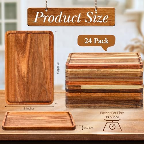 Roshtia 24 Pcs Acacia Wood Serving Tray Dinner Plates,8'' X 12'' X 0.6'' - Image 2