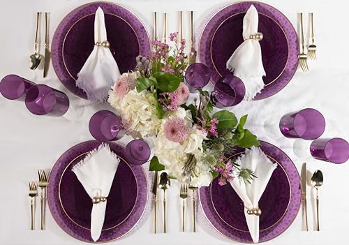 PLASTICPRO 32 Piece Combo Plates Set includes 16-7'' inch Plates & 16-10'' inch Plate Purple Hammered Plastic Party Plate Premium heavyweight Elegant, Disposable, Tableware, Dishes, - Image 2