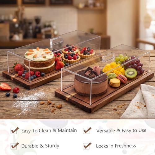 Mifoci 3 Pack Acacia Wood Cake Stand Serving Tray with Acrylic Lid, 15 x 6 x 4 Inches Charcuterie Table Display Set, Dessert Serving Tray Set for Bakery, Buffet, Home Party & Restaurant - Image 4
