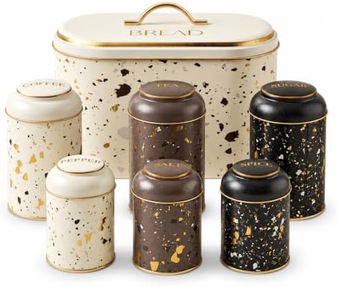 MARIA ROMA 7 Pcs Bread Box Set for Kitchen Countertop and Canisters Sets for the Kitchen Ideal for Bread Basket Sugar Container Coffee Canister Tea Tin Breadbox Vintage and Rustic Model by MARIAROMA