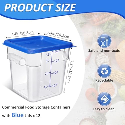 Yungyan 12 Pcs 4 Qt Commercial Food Storage Containers with Lids Restaurant Square Airtight Food Storage Containers Clear Cereal Containers for Kitchen Freezer Dishwasher Pantry(Blue Lid) - Image 2