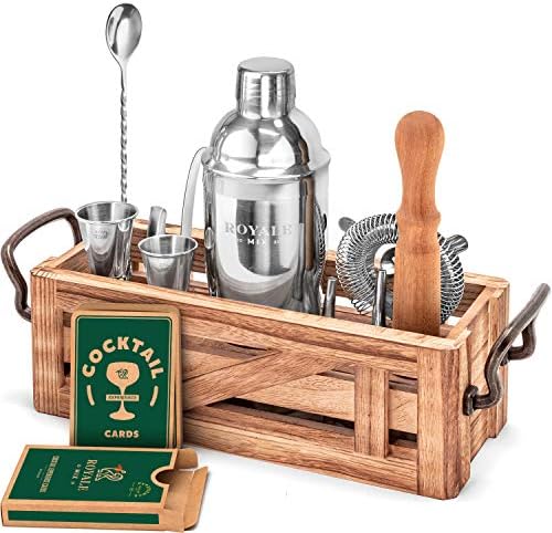 Mixology Bartender Kit with Stand | Home Bar Set with 25 Cocktail Recipes for Drink Mixing | Ideal Bartending Kit for Housewarming Gift | Premium Martini Cocktail Shaker Set with Bar Tools Accessories by ROYALEMIX