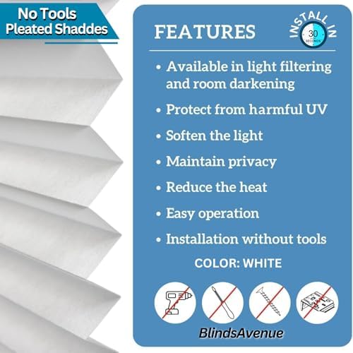 BlindsAvenue No Drill Cordless Pleated Fabric Shades, White, 36.5"W x 64"H - Image 2