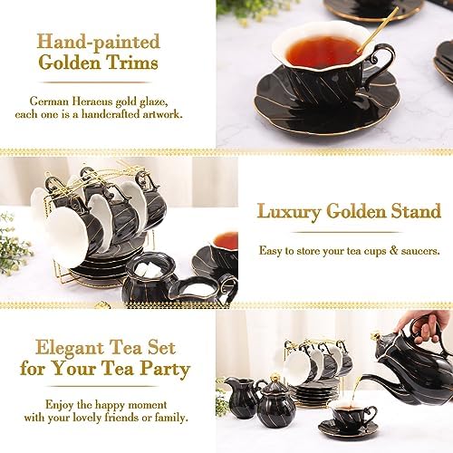DUJUST 22 pcs Porcelain Tea Set for 6, Luxury British Style Tea/Coffee Cup Set with Golden Trim, Beautiful Tea Set for Women, Tea Party Set, Gift Package (Including a Stand) - Black - Image 4