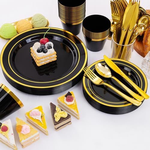 WELLIFE Black and Gold Plates, Plastic Dinnerware Set for 25 Guests - Image 3