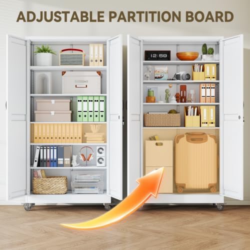 Metal Storage Cabinets with Wheels, Steel Tool Cabinets Lock Door and 5 Adjustable Shelves for Home Office, Garage, Kitchen (White, 73.6" H) - Image 4