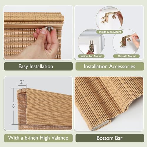 Cordless Bamboo Roman Shades for Windows, Blackout Light Filtering Woven Wood Blinds with 6" Valance, Custom Natural Roman Blinds for Indoor Windows, Doors, Kitchens, Bathroom, Sun Kissed Taffy - Image 4