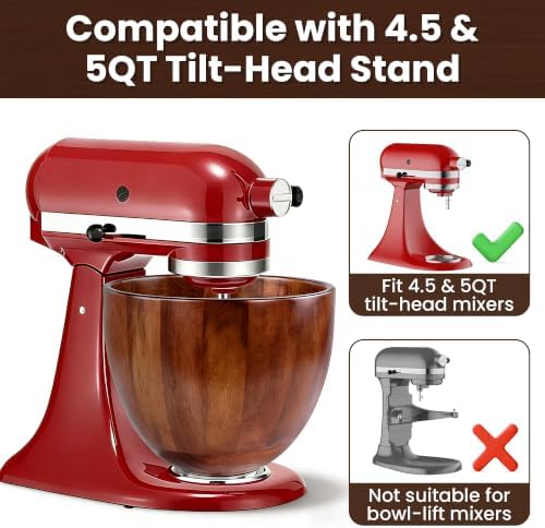 KITOART 5QT Wood Mixing Bowl for KitchenAid Tilt-Head Stand Mixers Acacia - Image 2
