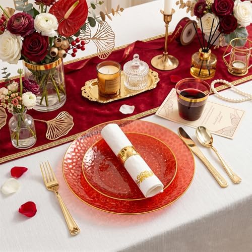 Rubtlamp 350 Pcs Plastic Dinnerware Set (50 Guests), Red And Gold Plastic Plates, Hammered Party Plates Set Include Dinner Plates, Dessert Plates, Cups, Cutlery Set And Napkins for Wedding And Party - Image 4