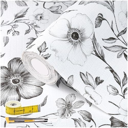 Drawer and Shelf Liner Black Flowers 17in x 30FT, Non Adhesive Anti-Slip by Adwann