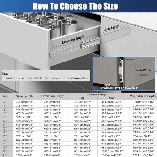 Thickened 200Lbs Heavy Duty Drawer Slides 1 Pair 22 Full Extension Ball Bearing Sliding Rails Kitchen Cabinet RV Runners Shelf Tool Box Tracks Glides (1/2" Thick, 22" L) - Image 6