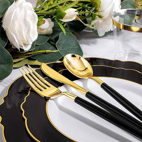 WDF 30Guest Black and Gold Plastic Plates - New Year Plates - Gold Plastic Silverware With Black Handle Baroque Black and Gold Disposable Dinnerware for New Year &Parties (Pack of 2) - Image 6