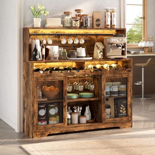 Loomie Wine Bar Cabinet with LED Light, Liquor Cabinet with Glass Holder, Coffee Bar for Liquor, Storage Buffet with Wine Racks, Wine Cabinet with Mesh Door (Rustic) - Image 3