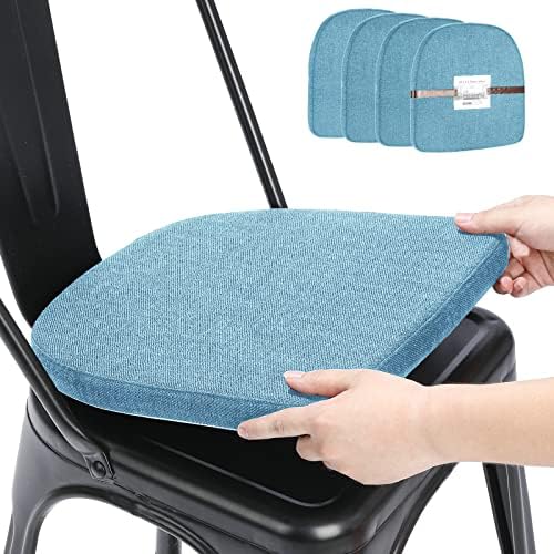 BUYUE Friendly Woven Fabric 14x14 Magnetic Cushions for Metal Chair Set of 4, Enhanced Anti-Slip Seat Pads for Dining Kitchen Café Stackable Chairs (U-Shape, Light Blue, 4 Counts) by BUYUE
