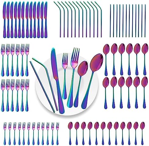 84 Pieces Mirror Rainbow Silverware Service for 12 Flatware Set Stainless Steel Utensils Cutlery Set Dishwasher Safe by Gutuwellea