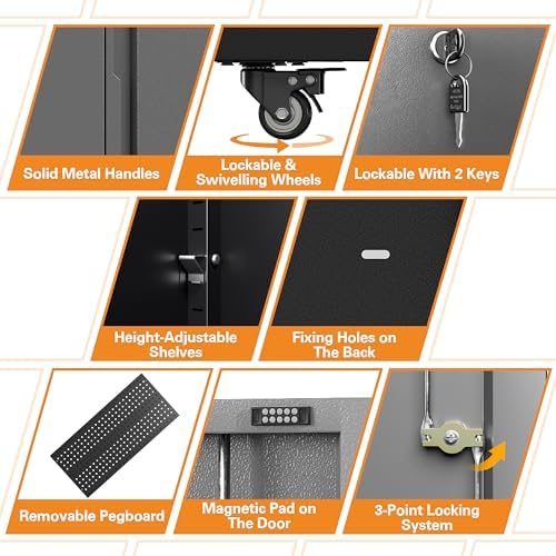 Metal Garage Storage Cabinet with 2 Doors, Adjustable Rolling Tool Storage Cabinet with Lock, 71" Steel Locking Broom Closet with Wheels and Shelves for Garage, Warehouse(Black&Gray, 71" H) - Image 4