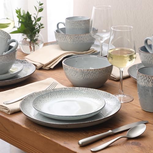 Gibson Elite Jasper 16 Piece Plates and Bowls Reactive Glaze Dishes Stoneware Ceramic Dinnerware Set - Service for 4 - Grey - Image 5