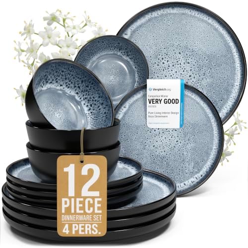 12 Piece Stoneware Dinnerware Set for 4, Handcrafted Plates and Bowls Set by PURELIVING
