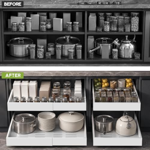 Seinloes 4 Pack Expandable Pull Out Cabinet Organizer 21"Deep With Raising Pad for Framed Cabinets,Upgrade 3 Slide Rails Slide Out Drawers,No Drill Roll Out Shelves,Adjustable Width 12.1"-20.4" White - Image 4