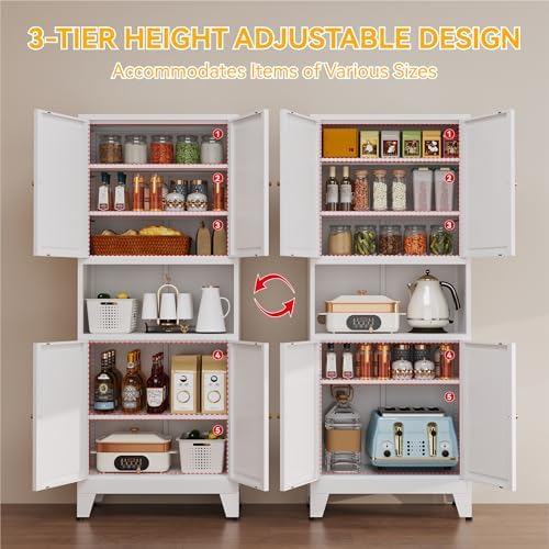 YAUWOH 69" Tall Metal Kitchen Pantry Cabinet with Microwave Shelf, 4 Doors & 3 Adjustable Shelves, Heavy Duty Food Storage Cabinet with Anti-Tip Design for Kitchen,Dining Room (1PC,White) - Image 5