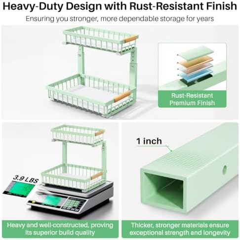 Kitstorack Under Sink Organizer, 2 Tier Under the Sink Storage, Slide out Pull out Cabinet Organizer Shelf, Metal Sliding Drawer for Kitchen Bathroom Pantry Closet Organization Rack, Green, 1 Pack - Image 7