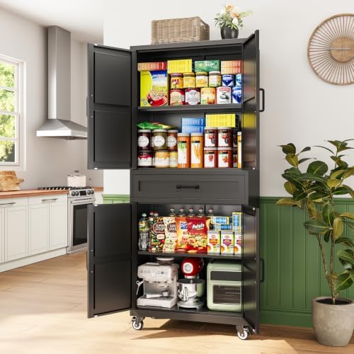 Letaya Metal Garage Storage Cabinet with Wheels,Kitchen Pantry with Drawer - Image 2