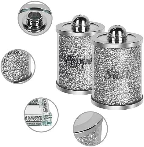 Crystal Salt and Pepper Shakers Set with Tray,Sparkly Crystal Crushed Diamond House Decor for Kitchen,Bling Salt Pepper Jar Container Pot for Countertop,saleros para cocina elegantes,Silver - Image 3