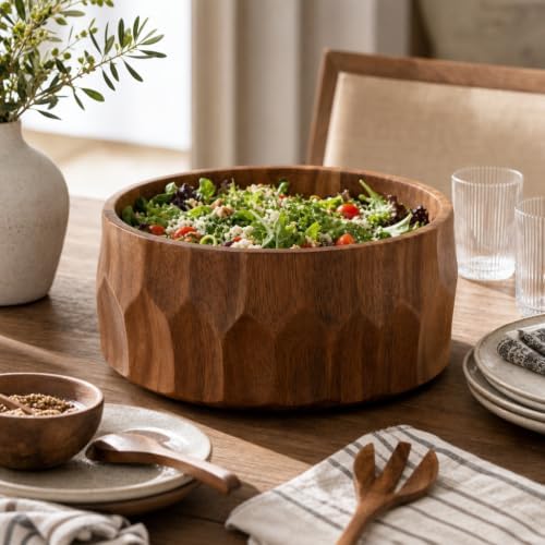 Arthur Court Large Diamond Pattern Acacia Wood Salad Serving Bowl - Modern Centerpiece for Fruits or Salads - 12" Diameter 6" Tall - Image 6