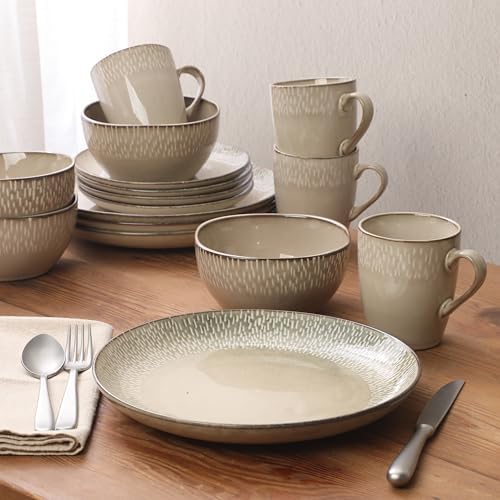 Gibson Elite Jasper 16 Piece Plates and Bowls Reactive Glaze Dishes Stoneware Ceramic Dinnerware Set - Service for 4 - Taupe - Image 6