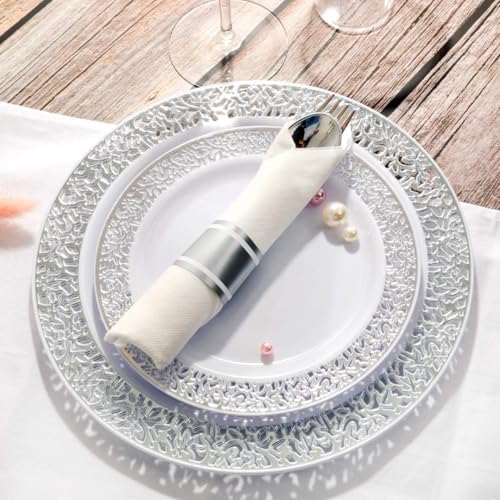 WELLIFE 700 Pieces Silver Disposable Plastic Dinnerware, Includes:100 Dinner Plates, 100 Dessert Plates, 100 Cups, 400 Pre Rolled Napkins with Silver Cutlery - Image 4