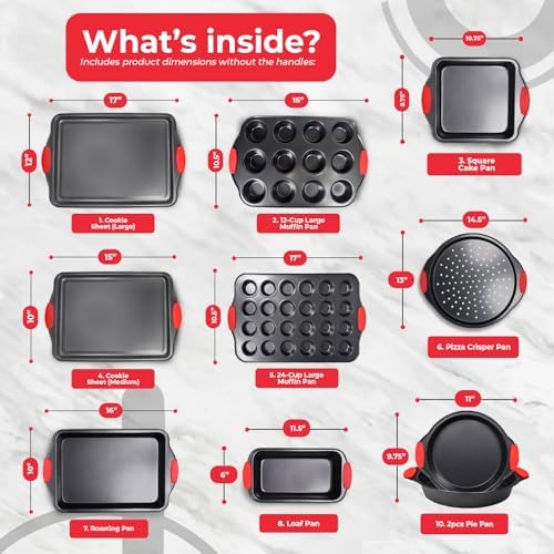 PERLLI Non-Stick 10-Piece Baking Pan Set, BPA-Free Carbon Steel Bakeware Set with Silicone Handles, Stackable Kitchen Oven Set, Cookie Sheet, Baking Tray, Baking Sheet Set, Oven Safe (446°F) - Image 2