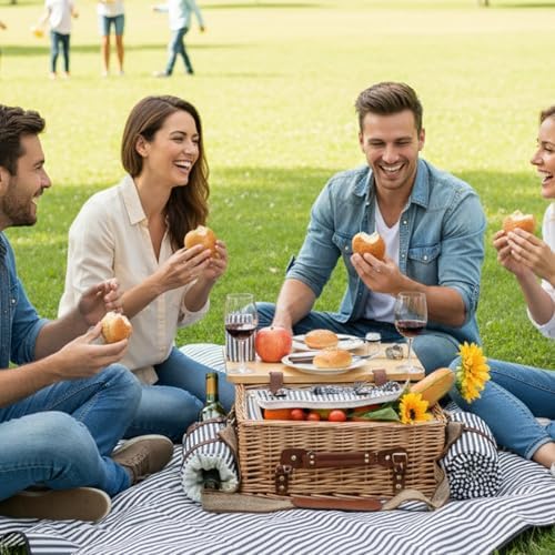 Multifunctional Wicker Picnic Basket Set for 4 with Blanket and Picnic Table, Insulated Picnic Set with Full Tablewares for Camping Outdoor Couples, Stripes - Image 6