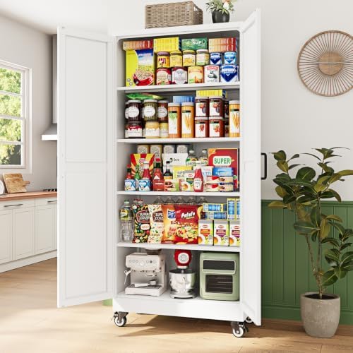 Letaya Metal Garage Storage Cabinet with Wheels,72”H White Kitchen Pantry - Image 2