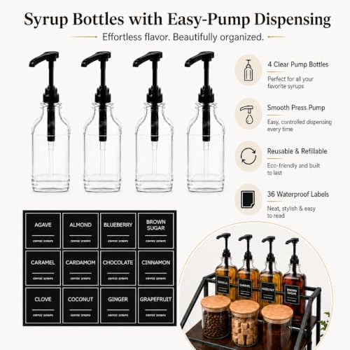 Coffee Bar Syrup Dispenser Set, 4 Pack 16.9oz/500ml Glass Syrup Dispensers with 1/4 oz Pumps & Stand, 2-Tier Coffee Bar Organizer Rack with 3 Storage Jars, 36 Labels, Brushes & Funnel - Image 3